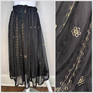 Vintage 1990s Indian Black Maxi Skirt, Gold Metallic Embroidery, Andrew Sport